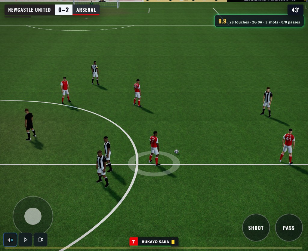 Gameplay: on the ball as your player, with shoot and pass controls